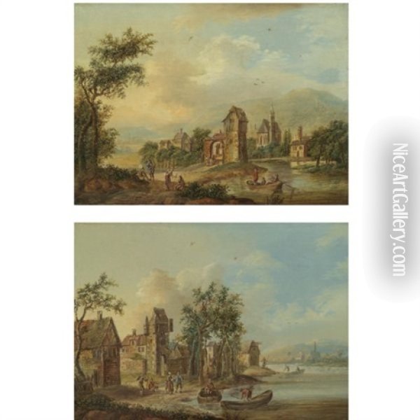 River Landscapes With Travellers On The Left Bank And Figures Boating (pair) Oil Painting - Christian Georg Schuetz the Younger