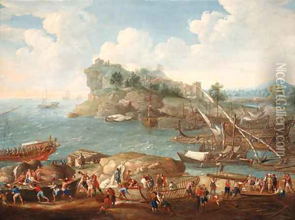 A Mediterranean coastal Landscape with Levants and Shipbuilders in the foreground Oil Painting - Lucas De Wael