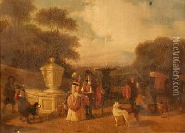 Figures, Horses And Dogs In An 18th Century Garden Setting Oil Painting - Job Adriaensz. Berckheyde