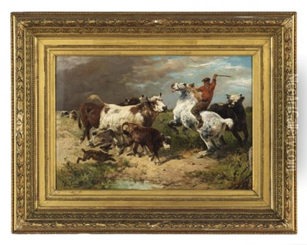 Herding The Cattle Oil Painting - Henry Schouten