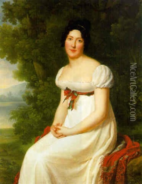 Portrait Of A Lady, Seated Before A Landscape, Wearing A White Dress Oil Painting - Henri Francois Riesener