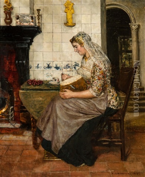 Femme Coupant Le Pain Oil Painting - Adriaan Johannes Madiol