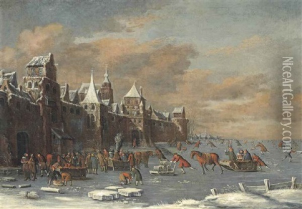 A Winter Landscape With Skaters Outside The Gates Of A City Oil Painting - Thomas Heeremans