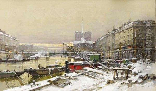 La Seine A Paris Sous La Neige Oil Painting - Eugene Galien-Laloue