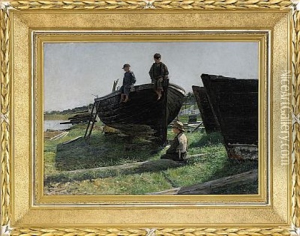 Vardag Vid Slipen - Mor Med Soner Vid Fiskebat Oil Painting - Gottfried Kallstenius