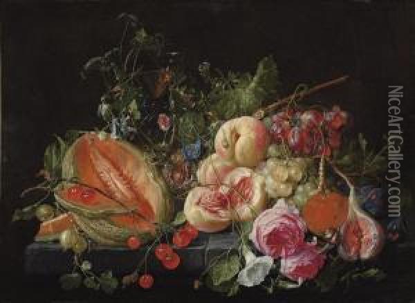 A Cut Melon, Cherries, 
Gooseberries, Peaches, Grapes, Figs, Plums,flowers, Snails And Insects 
On A Stone Ledge Oil Painting - Cornelis De Heem