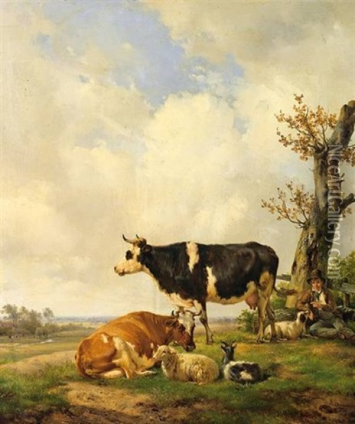 Lagernder Hirtenknabe Auf Der Weide Mit Kuhen, Hund, Schaf Und Ziege Oil Painting - Hendrik van de Sande Bakhuyzen