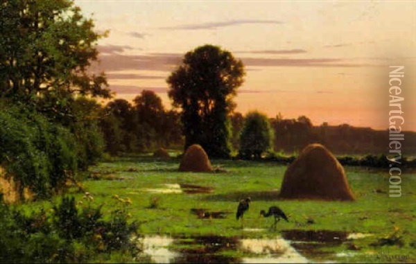 Flamants Roses Et Meules Au Petit Matin Oil Painting - Charles-Jean Georget