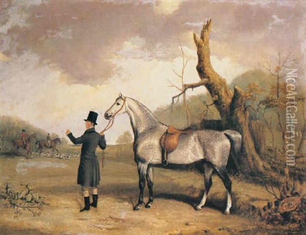 A Gentleman With A Grey Hunter In A Landscape, A Hunt Beyond Oil Painting - Thomas Walker Bretland