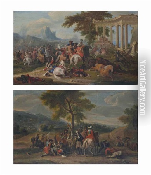 Une Escarmouche Et Un Groupe De Soldats Soignant Un Blesse (pair) Oil Painting - Jean-Baptiste Martin the Elder