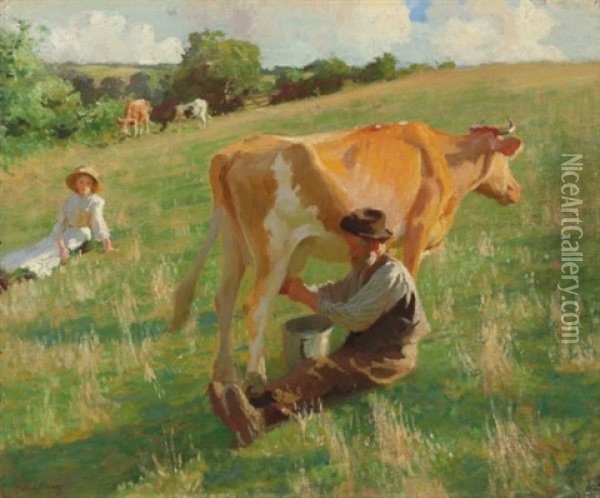 Summer Milking Oil Painting - Harold Harvey