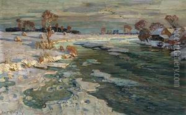 Nachmittagssonne Uber Winterlandschaft Mit Flussbiegung Oil Painting - Hans Hartig