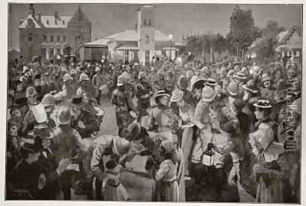 The British Occupation of Bloemfontein An evening concert in market square by the pipes of the Highland Brigade Oil Painting - Amedee Forestier