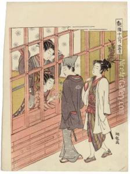 Minazuki (the Sixth Month), From
 The Series Enro Junigatsu(brothels In The Twelve Months) Oil Painting - Isoda Koryusai