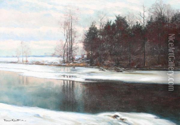 ''winter En Der Ost?'' Large Snowy Winter River Landscape Oil Painting - Hans Klatt