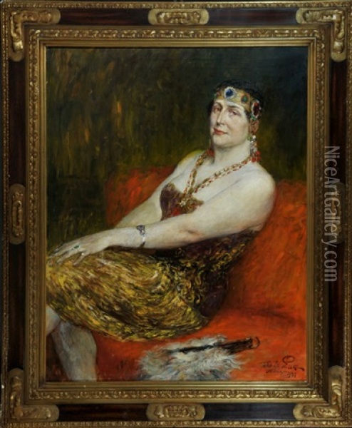 Salondame Auf Rotem Sofa Oil Painting - Ferdinand Leeke