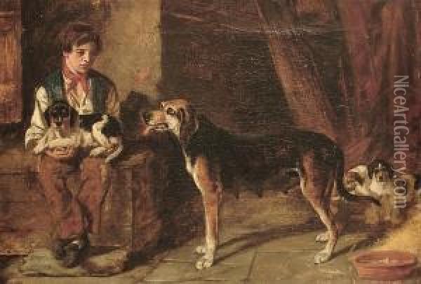 A Boy In A Barn Interior With A Hound And Her Pups Oil Painting - Arthur Batt