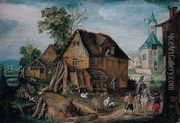 A Village Scene With A Horseman And Farmyard Animals By A River Oil Painting - Mattheus Molanus