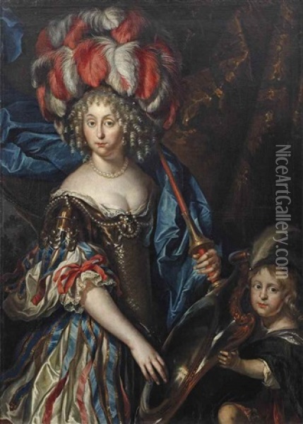 Portrait Of A Lady, Three-quarter Length, Dressed As An Amazonian With A Young Boy By Her Side Standing Before A Curtain Oil Painting - Caspar Netscher