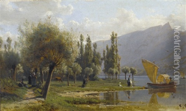 Belebte Sommerliche Seeuferpartie Oil Painting - Karl Girardet