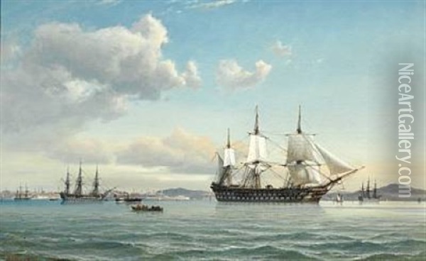 Ships In The Bosphorus Off Istanbul Oil Painting - Daniel Hermann Anton Melbye