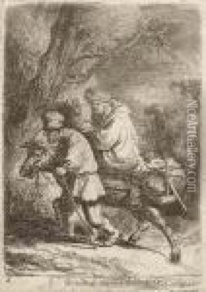 The Flight Into Egypt: Small Plate Oil Painting - Rembrandt Van Rijn