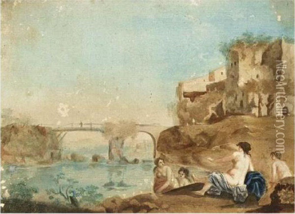 Four Women Bathing Near Ruins, A Bridge Beyond Oil Painting - Cornelis Van Poelenburch