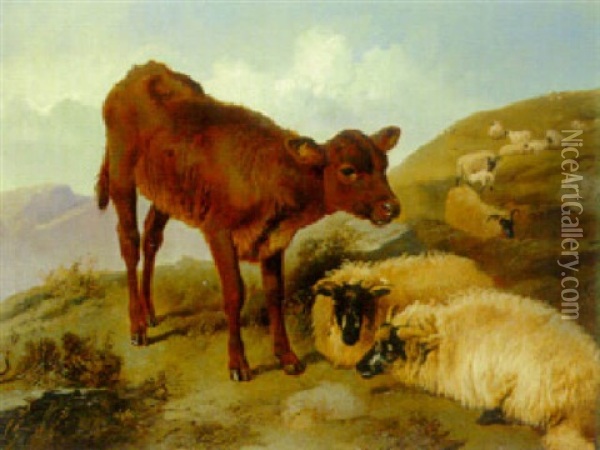 Sheep And A Calf On A Hillside Oil Painting - Joseph Horlor