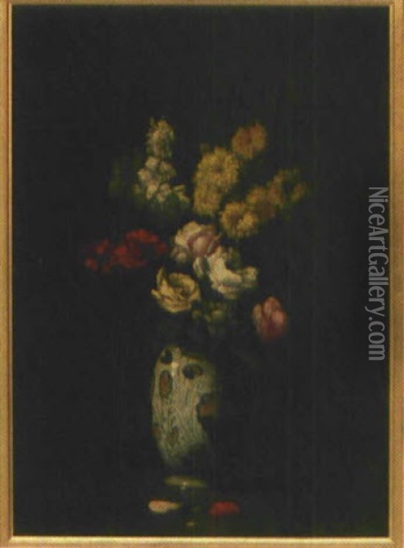 Bunter Blumenstraus In Bemalter Vase Oil Painting - Germain Theodore Ribot