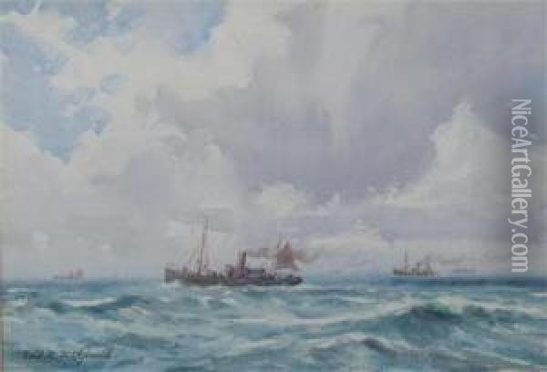 Steamships In A Choppy Sea Oil Painting - Frederick R. Fitzgerald