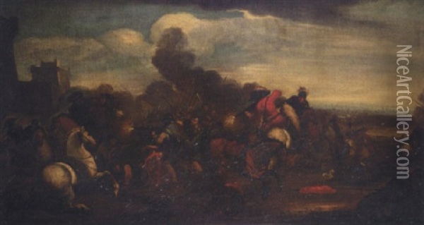 A Battle Scene With Cavaliers And Infantry Before A Fortified Town Oil Painting - Jacques Courtois