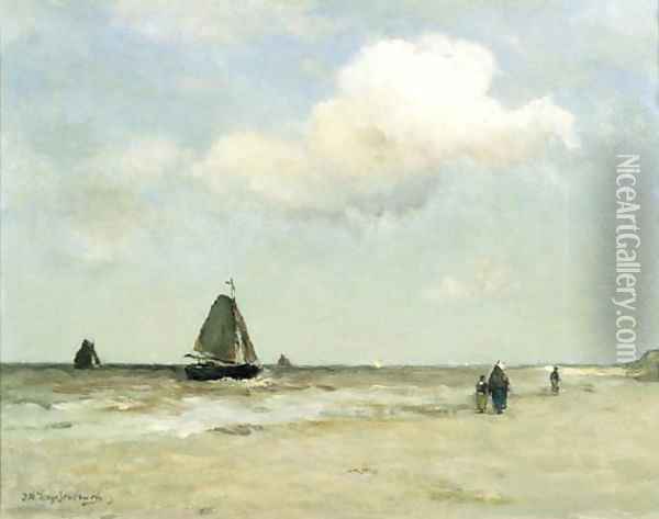 Bomschuiten at sea on a cloudy day Oil Painting - Johan Hendrik Weissenbruch