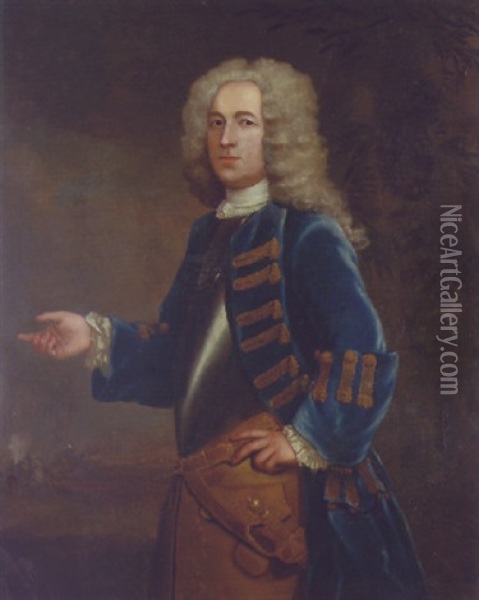Portrait Of Henry Boyle, Captain Of Horse, In A Breastplate And Blue Coat With Gold Trim, In A Landscape, With A Battle Beyond Oil Painting - Anthony Lee