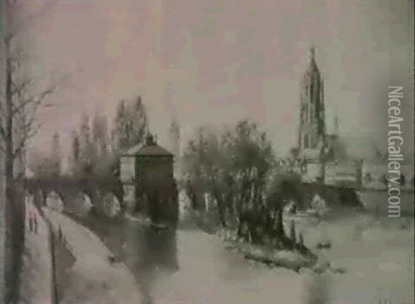 Frankfurt, Blick Von Der Sachsenhausener Seite Auf Die Alte Brucke Und Den Dom Oil Painting - Julius F. Dielmann