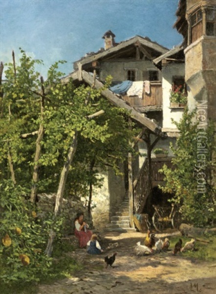 Sonnenbeschienener Garten Eines Bauernhauses, Mit Weinranken Und Melonenfruchten Oil Painting - Leopold Munsch