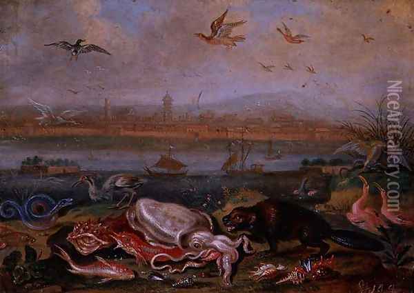 Creatures from the four continents in a landscape with a view of Canton in the background Oil Painting - Ferdinand van Kessel