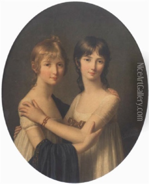 Portrait Of Two Girls Wearing White Dresses, Embracing Each Other Oil Painting - Jens Juel