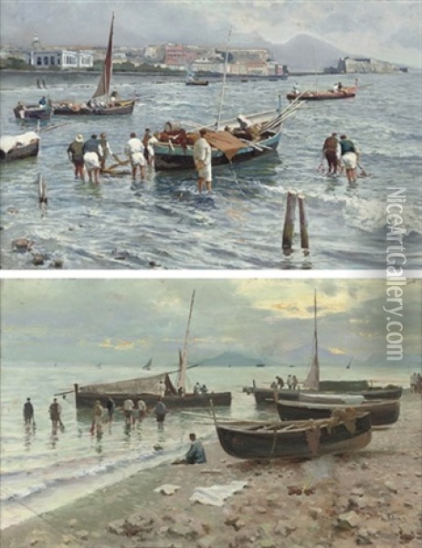 Pescatori Presso La Baia Di Napoli (+ Ritorno Dei Pescatori Al Tramonto Con La Pesca; Pair) Oil Painting - Attilio Pratella