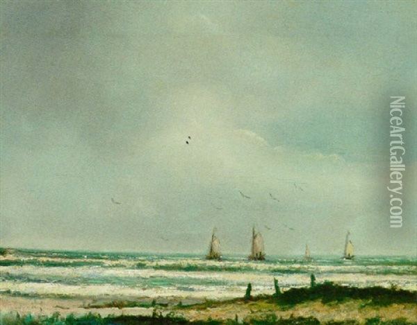 Yachts Off The Coast Oil Painting - Louis Artan De Saint-Martin