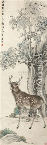 Deer And Pine Oil Painting -  Ren Bonian