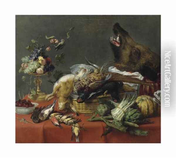 A Draped Table Laden With Game, Fruit, Vegetables And A Boar's Head Oil Painting - Frans Snyders