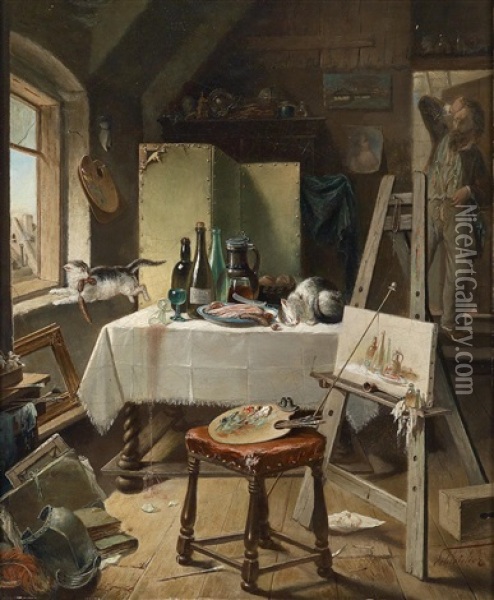 Kleine Diebe Im Maleratelier Oil Painting - Carl Schleicher