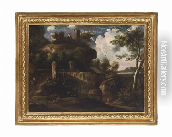 A Rocky River Landscape With Travellers On A Track, Ruins Beyond Oil Painting - Jacob De Heusch