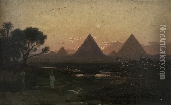 Pyramiderna I Gizeh Med Figurer I Nilens Deltaomrade Oil Painting - Georg Von Rosen