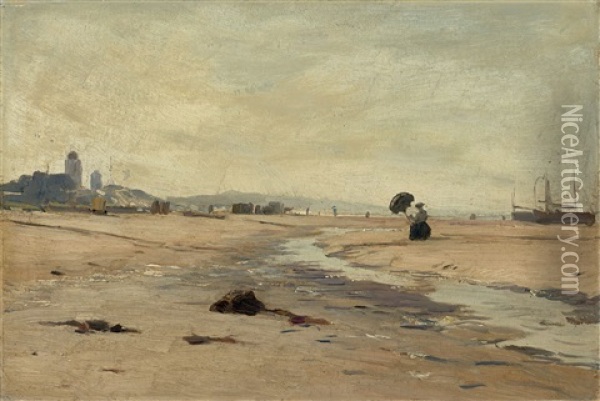 Young Woman On The Beach At Katwijk Oil Painting - Eugen Gustav Duecker