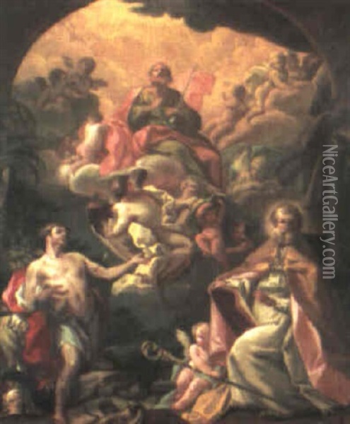 St. Paul In Glory With St. Sebastian And A Bishop Saint Oil Painting - Corrado Giaquinto