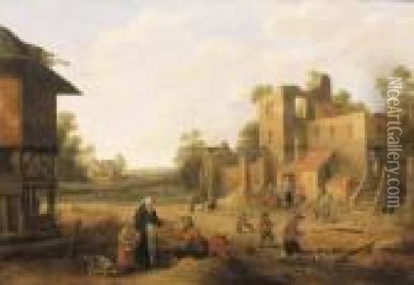 A Village Street With Peasants And Travellers Oil Painting - Joost Cornelisz. Droochsloot