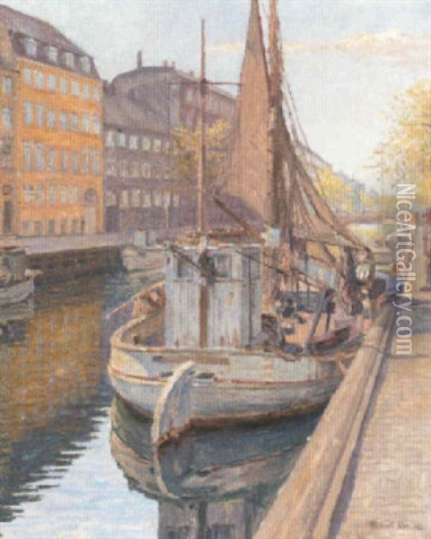 Boats Moored On A Canal, Copenhagen Oil Painting - Robert Panitzsch