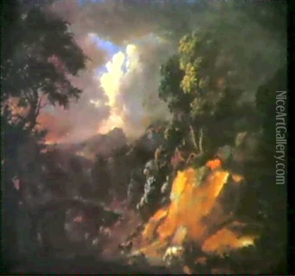 Italienische Gebirgslandschaft Bei Gewitterhimmel Oil Painting - Pieter Mulier the Younger