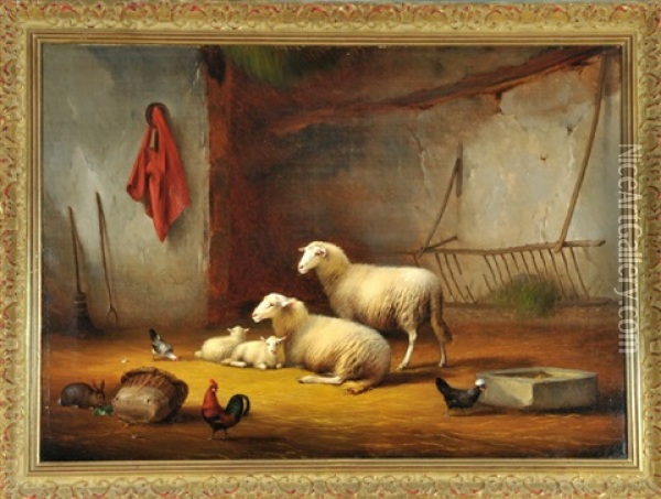 Schafe, Huhner Und Hase Im Stall Oil Painting - Francois Vandeverdonck